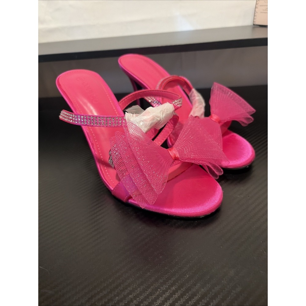 COUTGO WOMENS Strappy Lace Up Hot Pink Tulle Bow Rhinestone Strap Heels Size 8